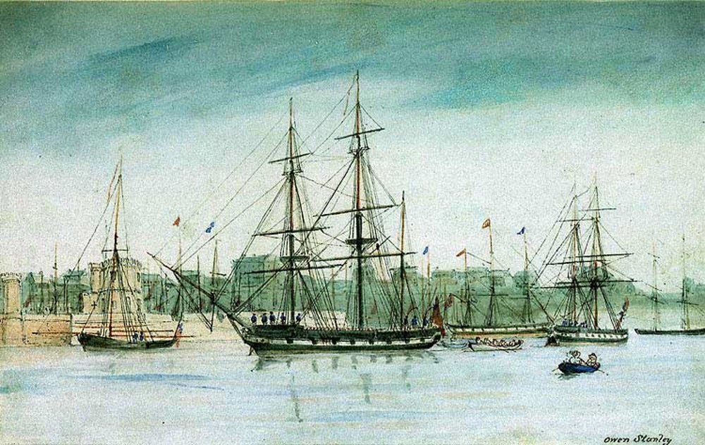 «Бігль» поблизу берегів Австралії під час третьої подорожі. Акварель Оуена Стенлі, 1841 рік