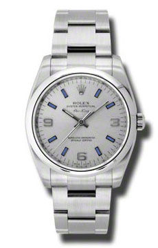 114200 silver dial  blue index hour markers Arabic Rolex Oyster Perpetual