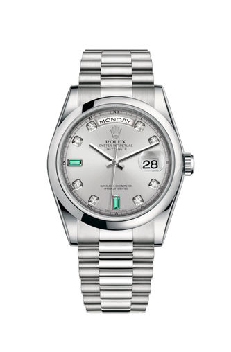 118206 Rhodium set with diamonds and emeralds Rolex Day-Date 36