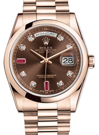 118205 Chocolate set with diamonds and rubies Rolex Day-Date 36