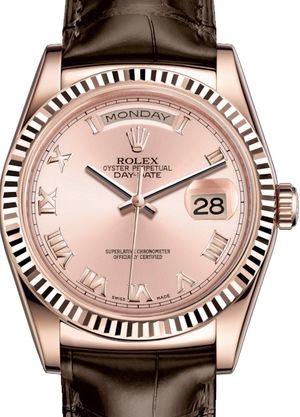 Rolex Day Date 36 Everose gold Tobacco leather strap 118135 White mother of pearl with oxford motif Watches Master