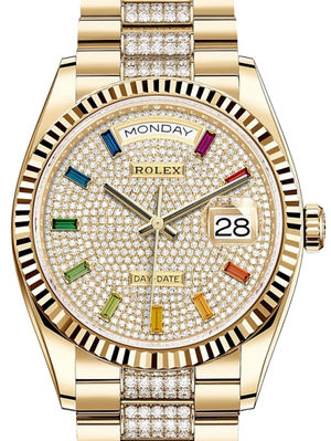 128238 Diamond-paved 10 baguette rainbow sapphires Rolex Day-Date 36