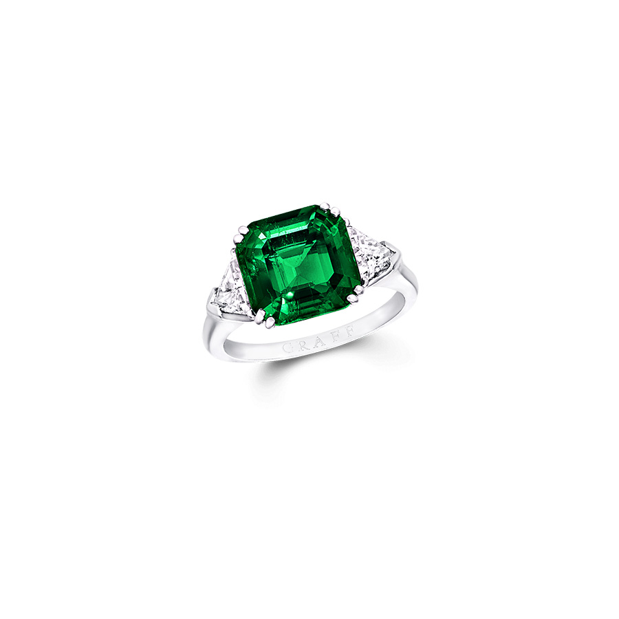 emerald with trilliant cut diamond side stones GRAFF